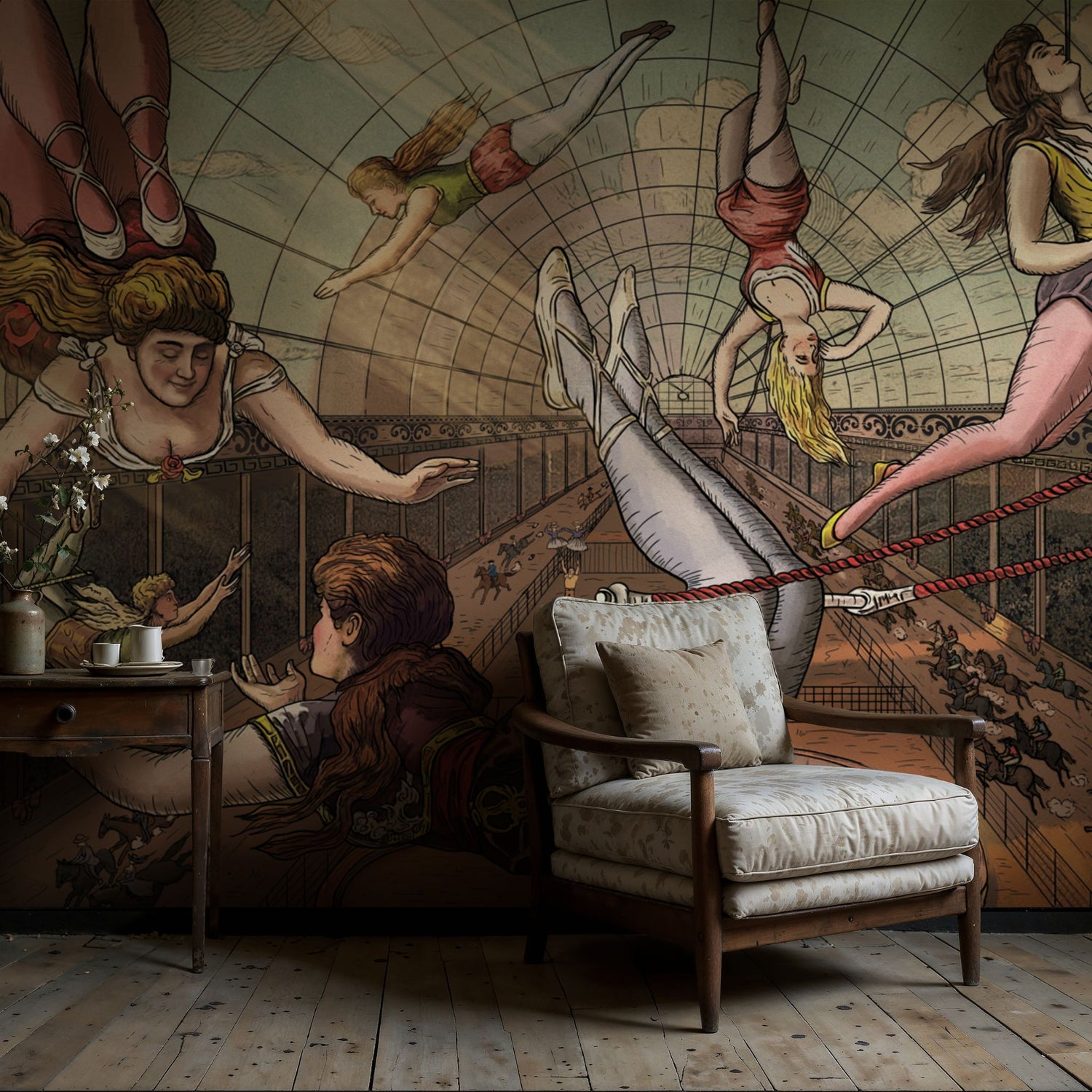 Vaulting Visions | Vintage Circus Acrobats Whimsical Wallpaper Mural Wallpaper Mural Sckribbles