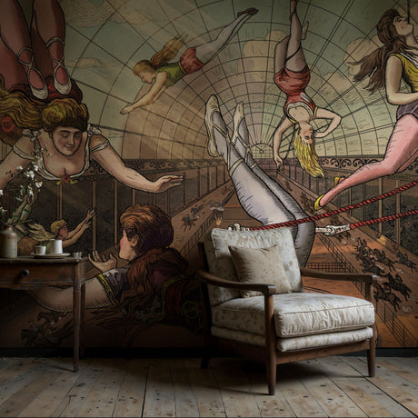 Vaulting Visions | Vintage Circus Acrobats Whimsical Wallpaper Mural Wallpaper Mural Sckribbles