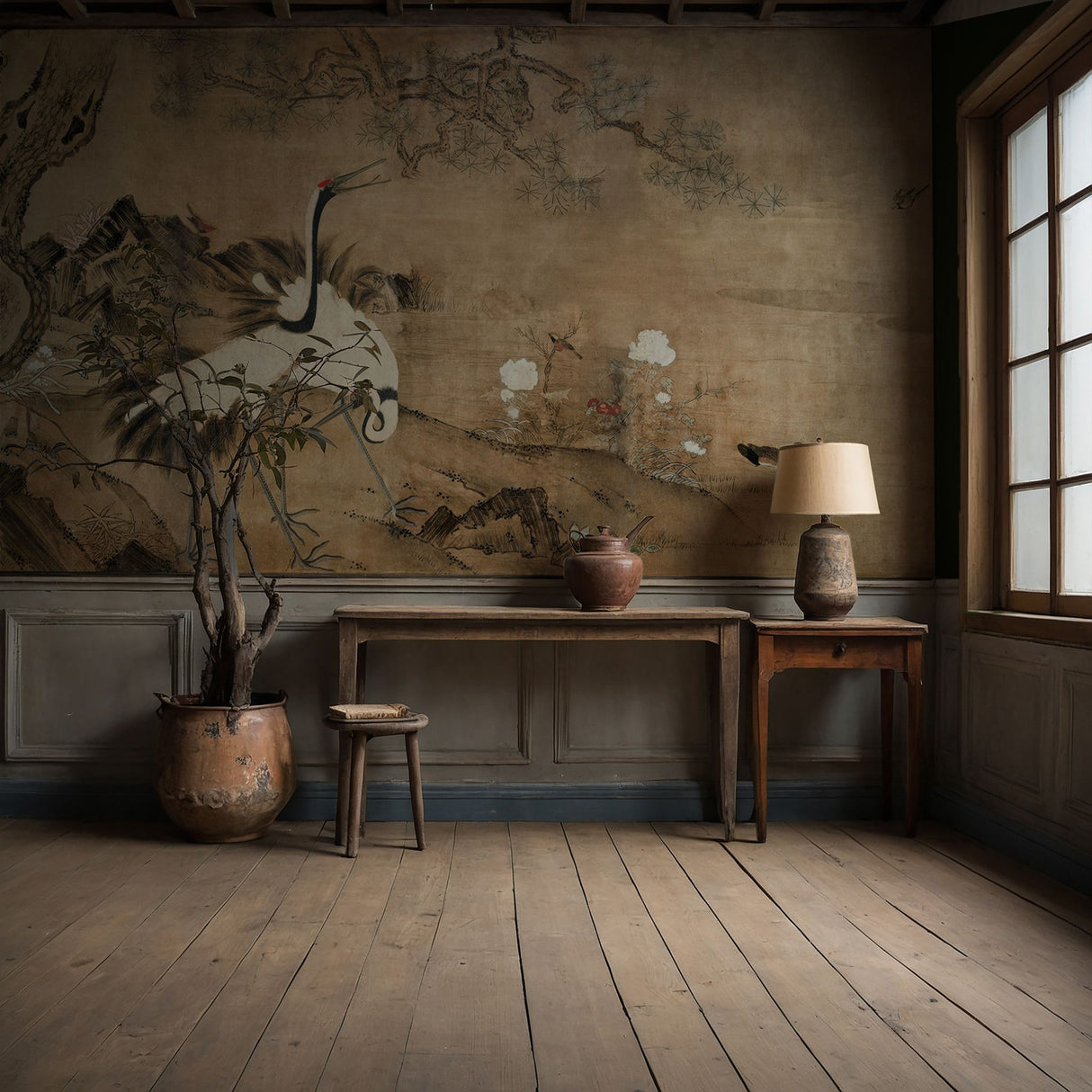 Gruidae Garden | Vintage Antique Japanese Cranes Wallpaper Mural Wallpaper Mural Sckribbles