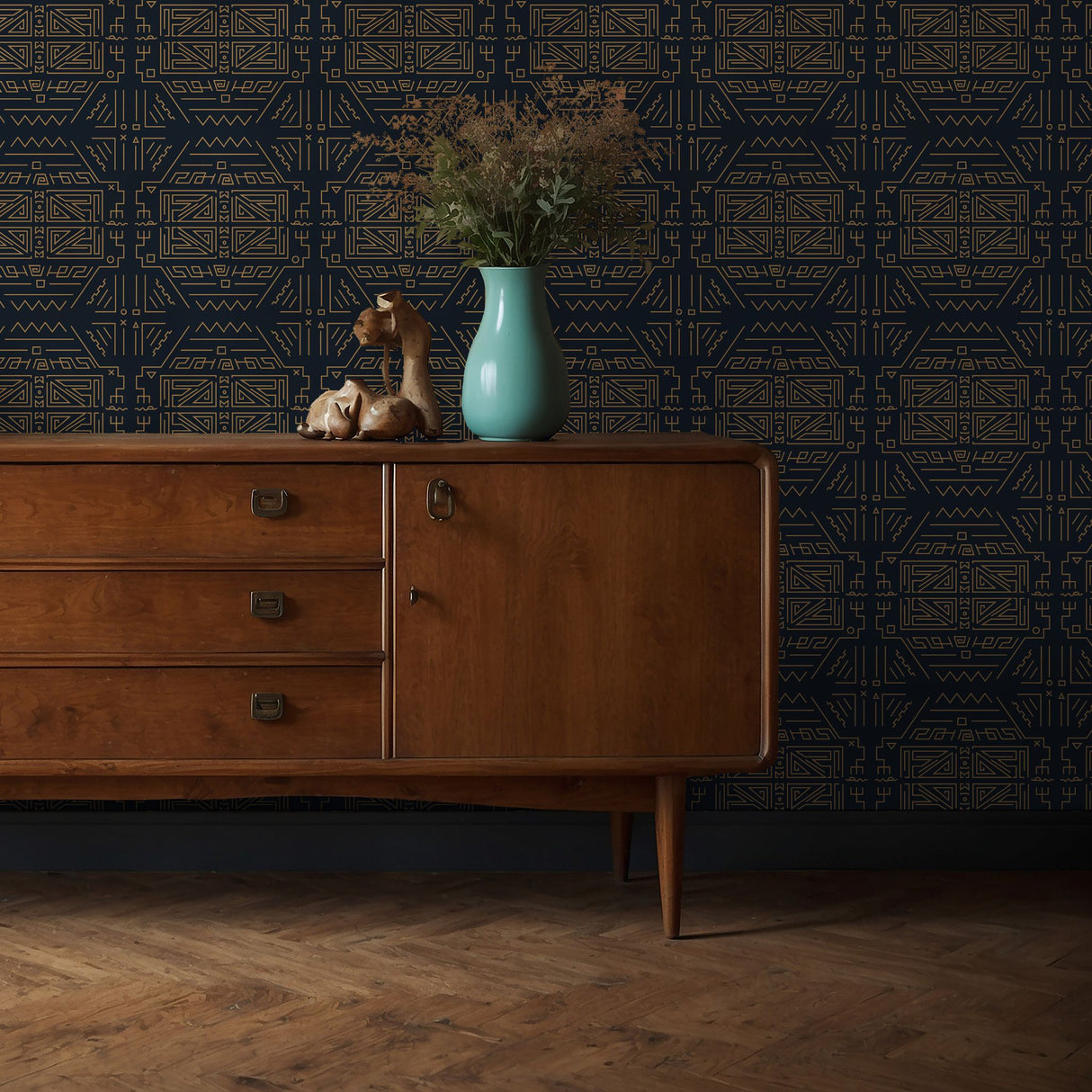 Nile Deco | Dark Blue & Yellow Graphic Art Deco Wallpaper Wallpaper Sckribbles