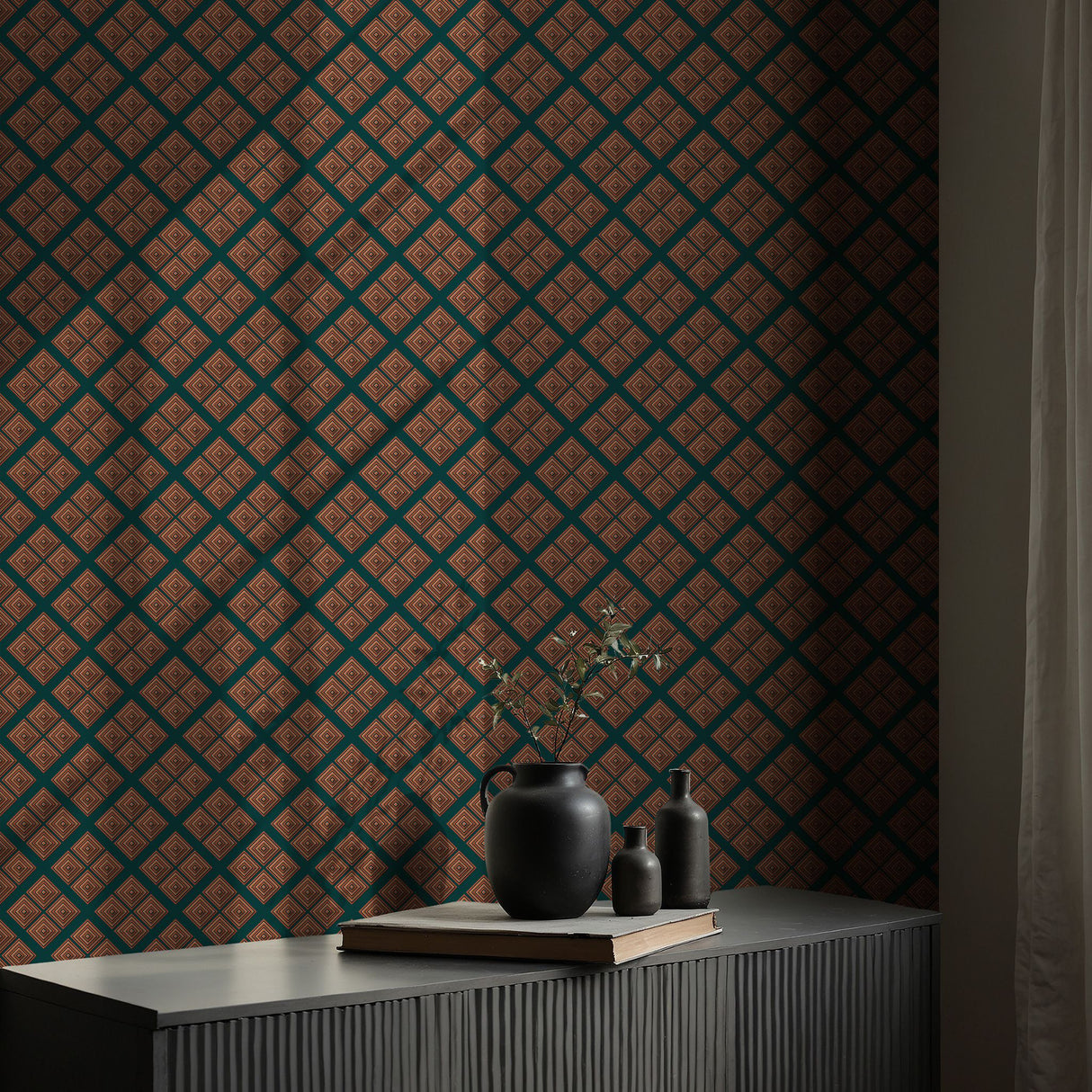 Illusory Luxe | Green & Bright Orange Geometrical Art Deco Wallpaper Wallpaper Sckribbles