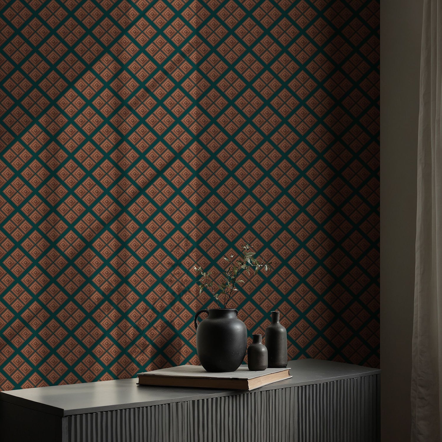 Illusory Luxe | Green & Bright Orange Geometrical Art Deco Wallpaper Wallpaper Sckribbles