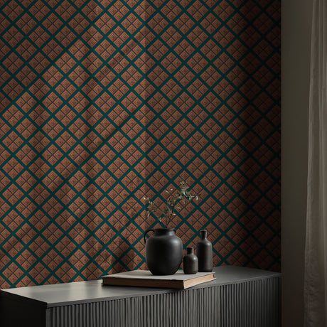 Illusory Luxe | Green & Bright Orange Geometrical Art Deco Wallpaper Wallpaper Sckribbles