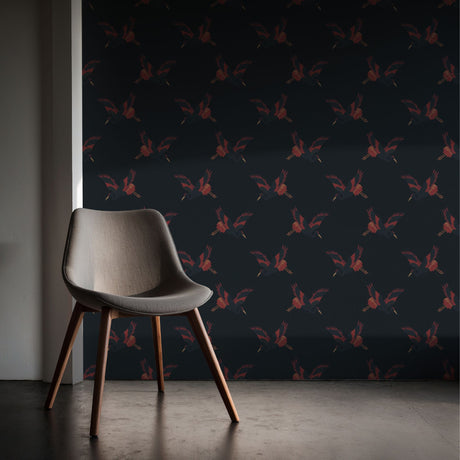 Graceful Dawn | Dark Blue & Red Asian Crane Wallpaper Wallpaper Sckribbles