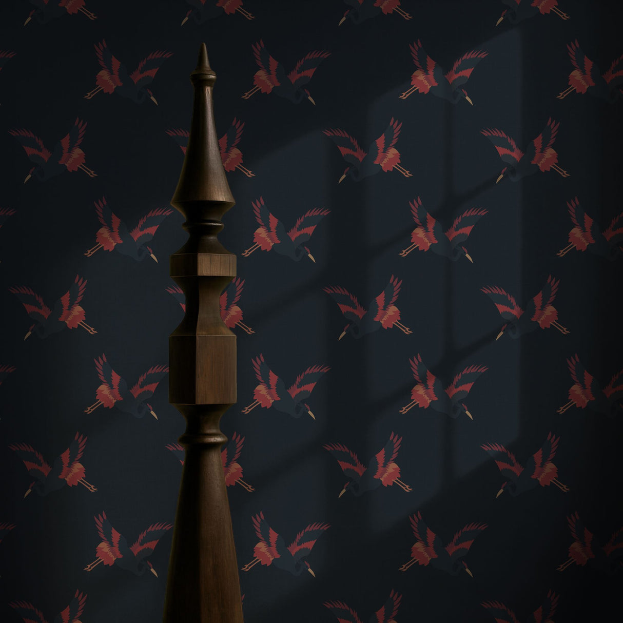 Graceful Dawn | Dark Blue & Red Asian Crane Wallpaper Wallpaper Sckribbles