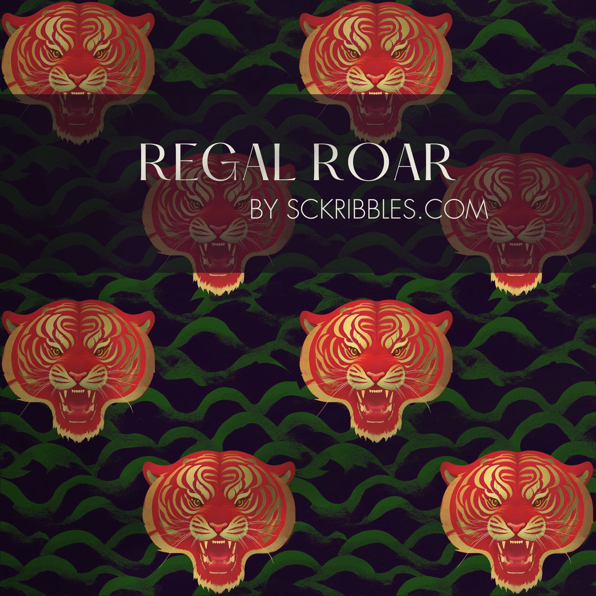Regal Roar | Bright Colorful Asian Tiger Maximalist Wallpaper Wallpaper Sckribbles