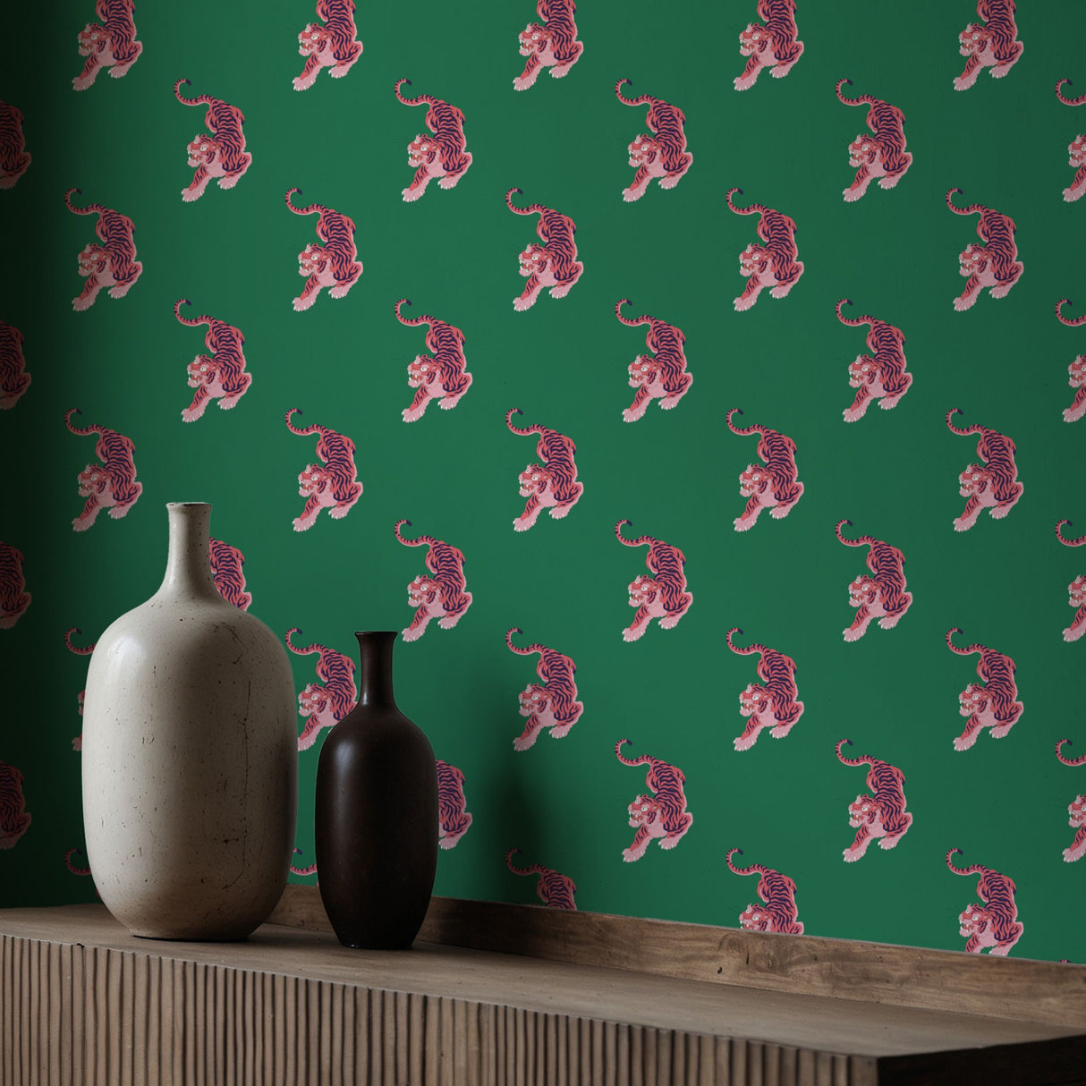 Paradise Prowl | Bright Green & Pink Maximalist Tiger Wallpaper Wallpaper Sckribbles