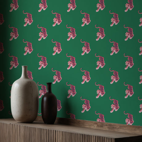 Paradise Prowl | Bright Green & Pink Maximalist Tiger Wallpaper Wallpaper Sckribbles