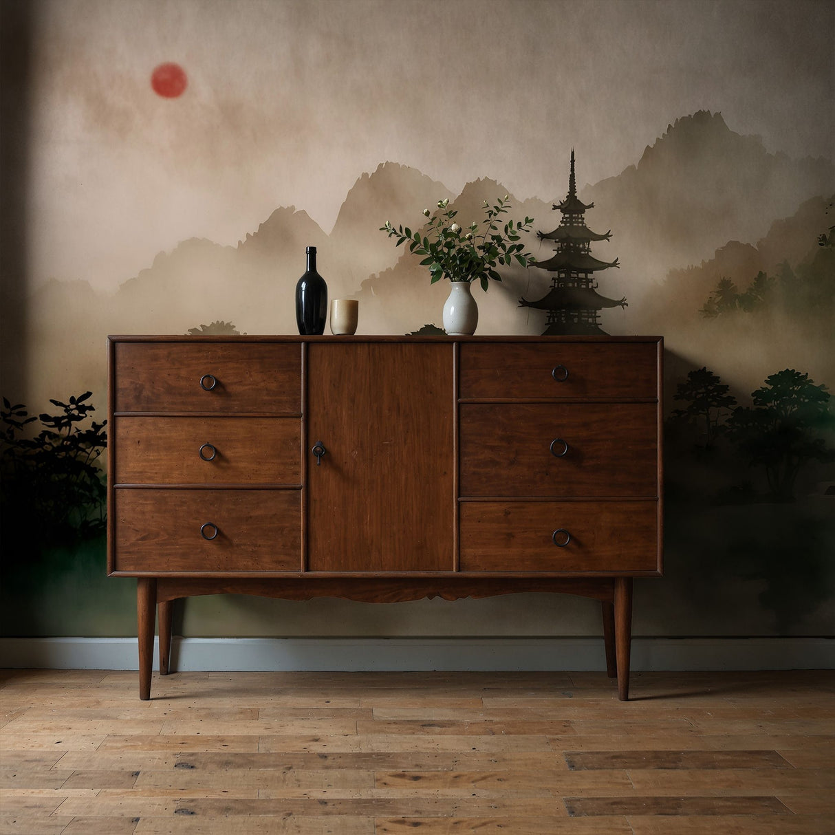 Hidden View | Asian Watercolor Landscape Scenic Wallpaper Mural Wallpaper Mural Sckribbles