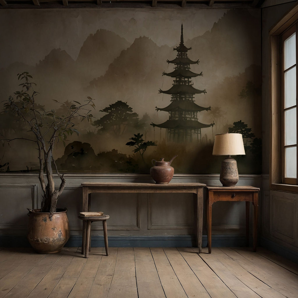 Hidden View | Asian Watercolor Landscape Scenic Wallpaper Mural Wallpaper Mural Sckribbles