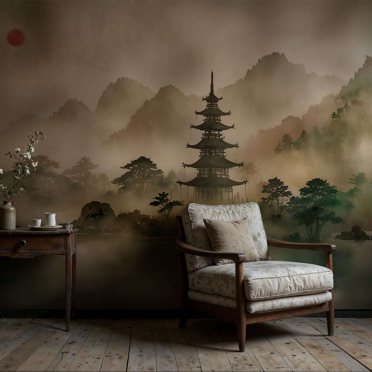 Hidden View | Asian Watercolor Landscape Scenic Wallpaper Mural Wallpaper Mural Sckribbles