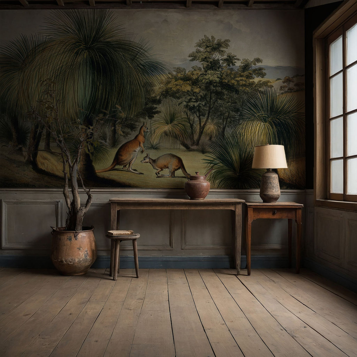 Australian Grass Trees | Vintage Scenic Kangaroos Landscape Wallpaper Mural Wallpaper Mural Sckribbles