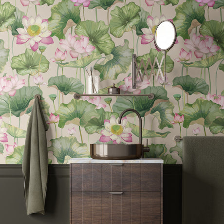 Aqua Garden | Feminine Green & Pink Water Lily Wallpaper Wallpaper Sckribbles