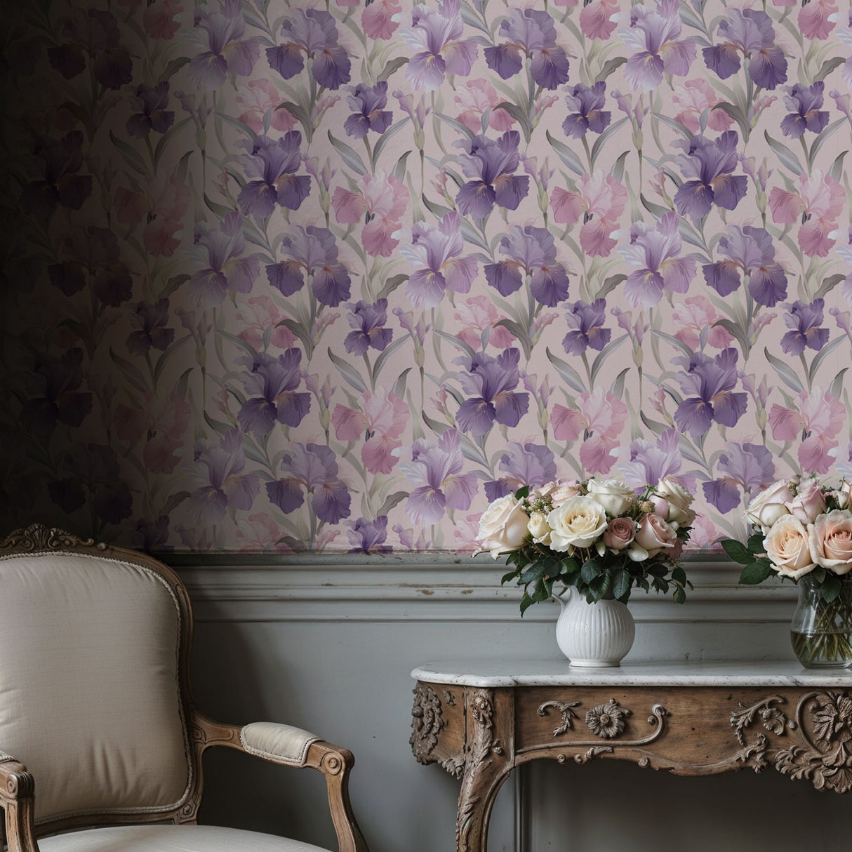 Germanica Mist | Feminine Pink & Purple Iris Floral Wallpaper Wallpaper Sckribbles