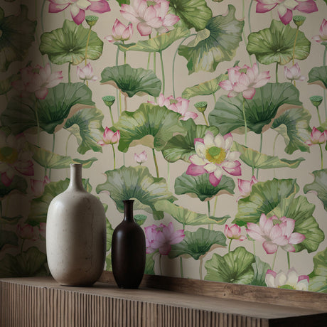 Aqua Garden | Feminine Green & Pink Water Lily Wallpaper Wallpaper Sckribbles