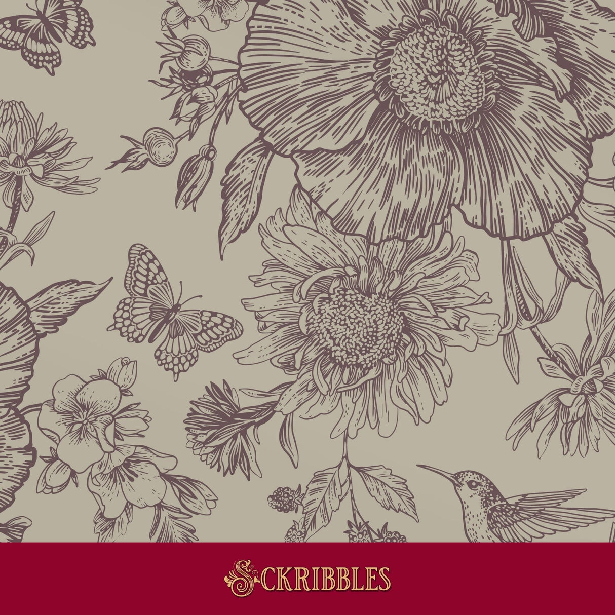 Light beige feminine floral wallpaper with butterflies, birds, and berries.