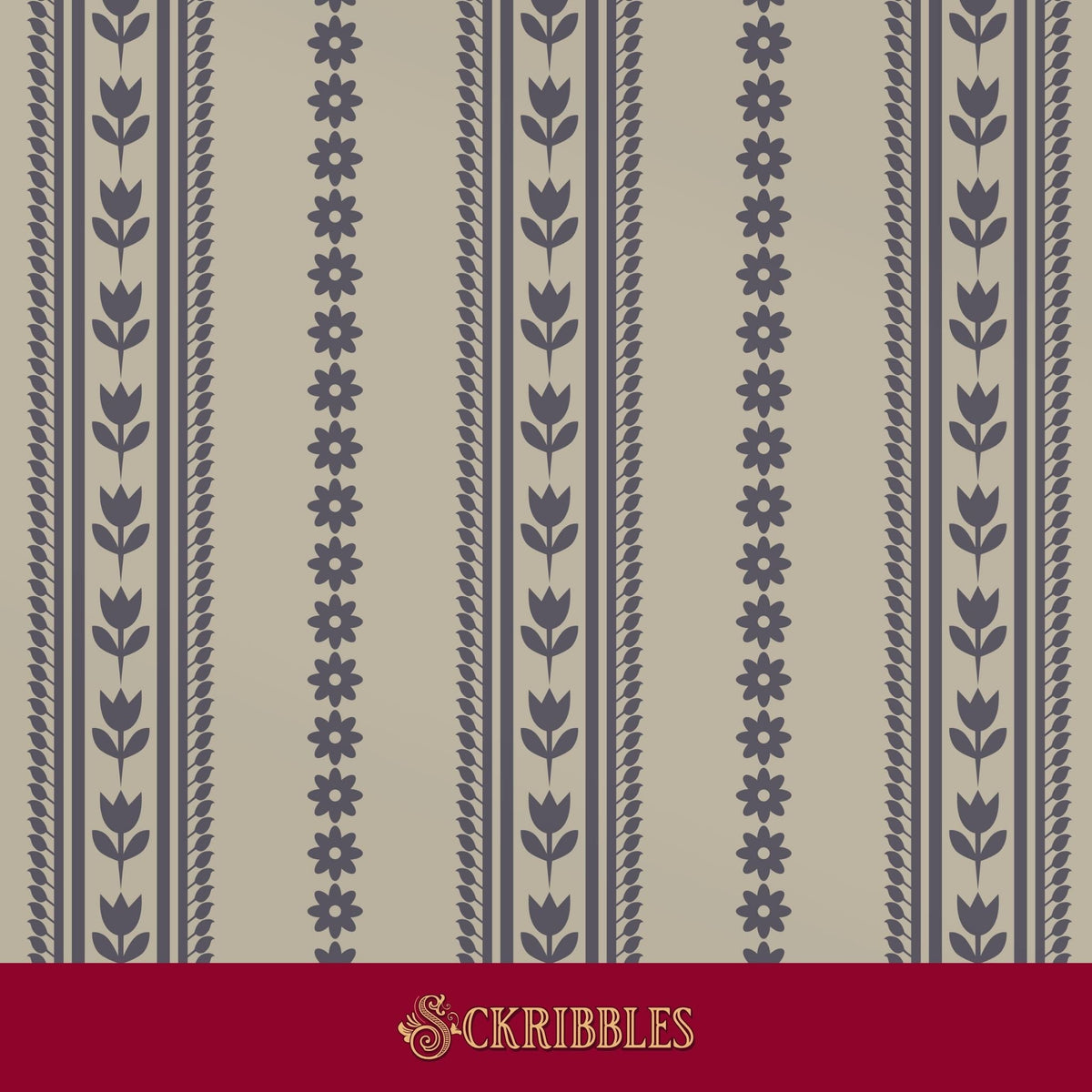 Beige and muted blue striped wallpaper with floral motifs.