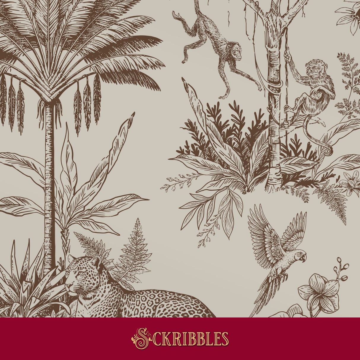 A brown vintage-style botanical and animal wallpaper on a beige background, featuring palm trees, monkeys, a leopard, a parrot, and flowers.
