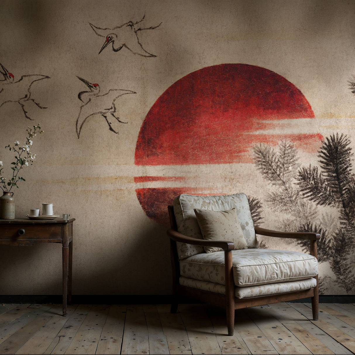 Birds & Sunset | Vintage Red, Black, and Beige Japanese Wallpaper Mural Wallpaper Mural Sckribbles