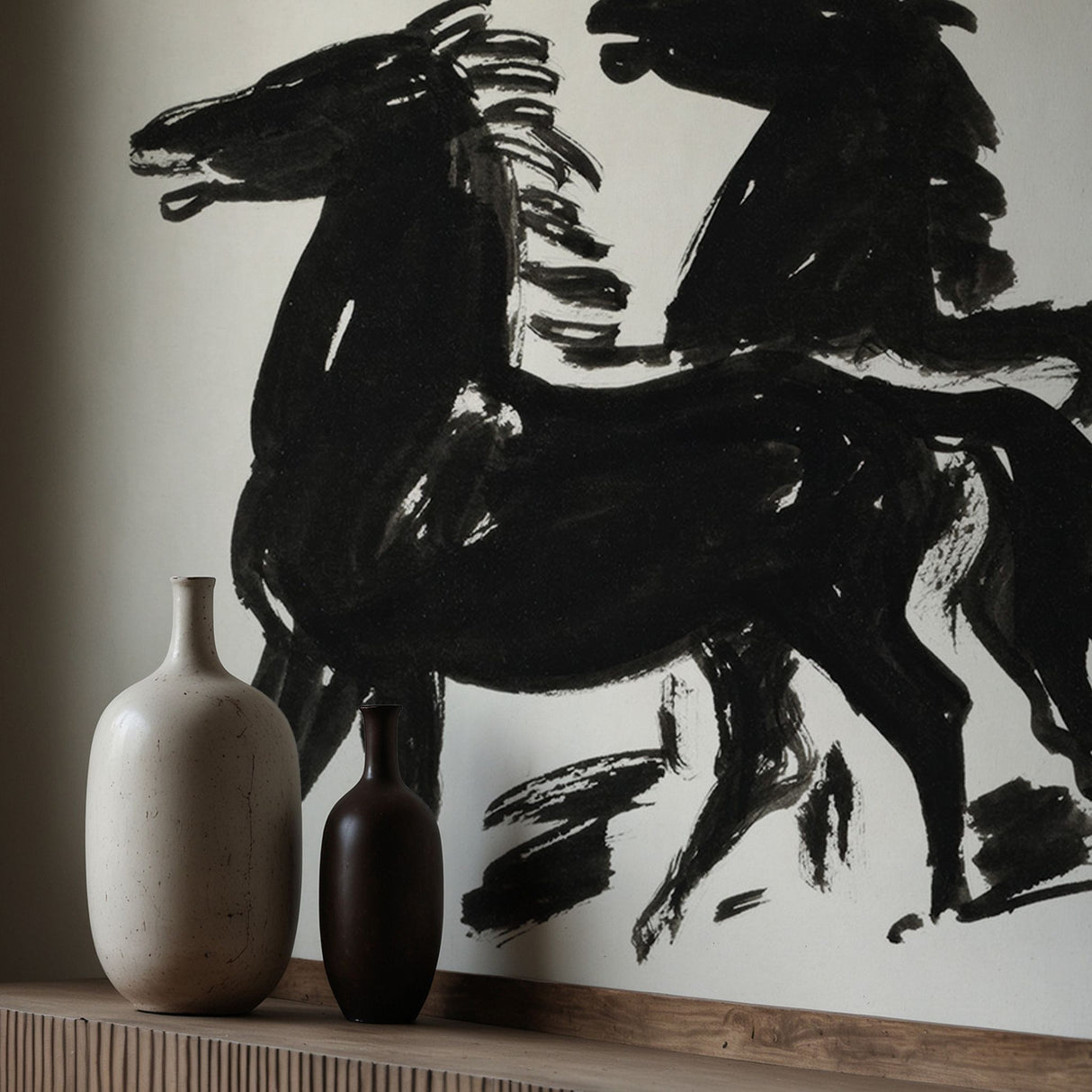 Black Horses | Bold Dramatic Black & White Wallpaper Mural Wallpaper Mural Sckribbles