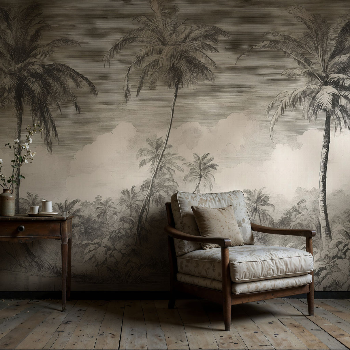 Monochrome Jungle | Gray Palm Trees Tropical Wallpaper Mural Wallpaper Mural Sckribbles
