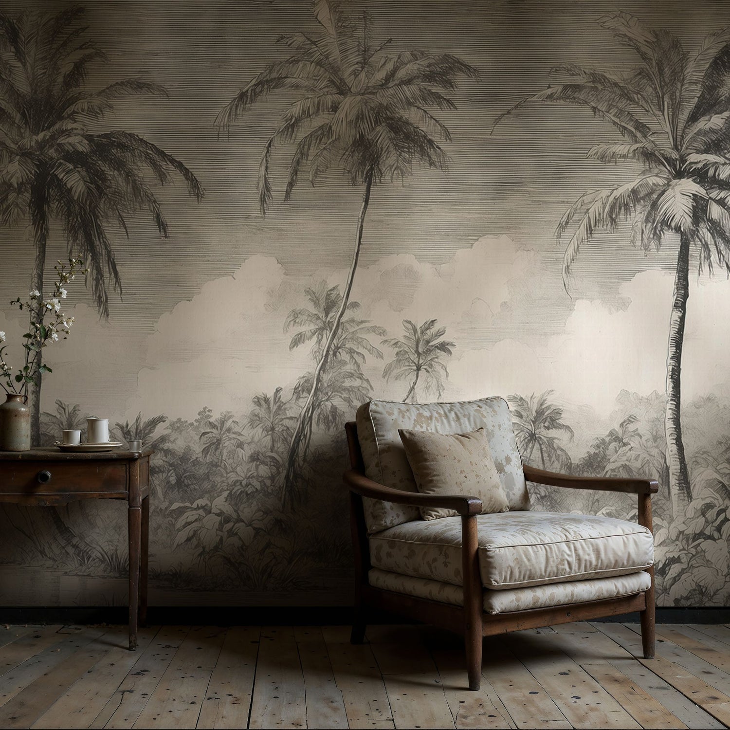 Monochrome Jungle | Gray Palm Trees Tropical Wallpaper Mural Wallpaper Mural Sckribbles