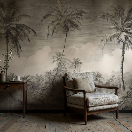 Monochrome Jungle | Gray Palm Trees Tropical Wallpaper Mural Wallpaper Mural Sckribbles