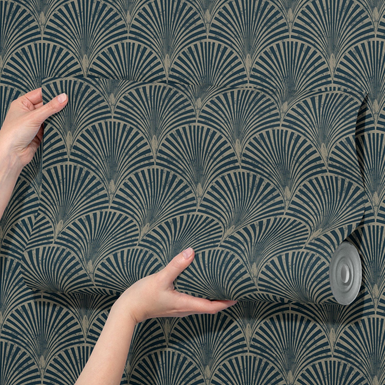 Vintage Gatsby | Art Deco Fan Weathered Blue & Green Wallpaper Wallpaper Sckribbles
