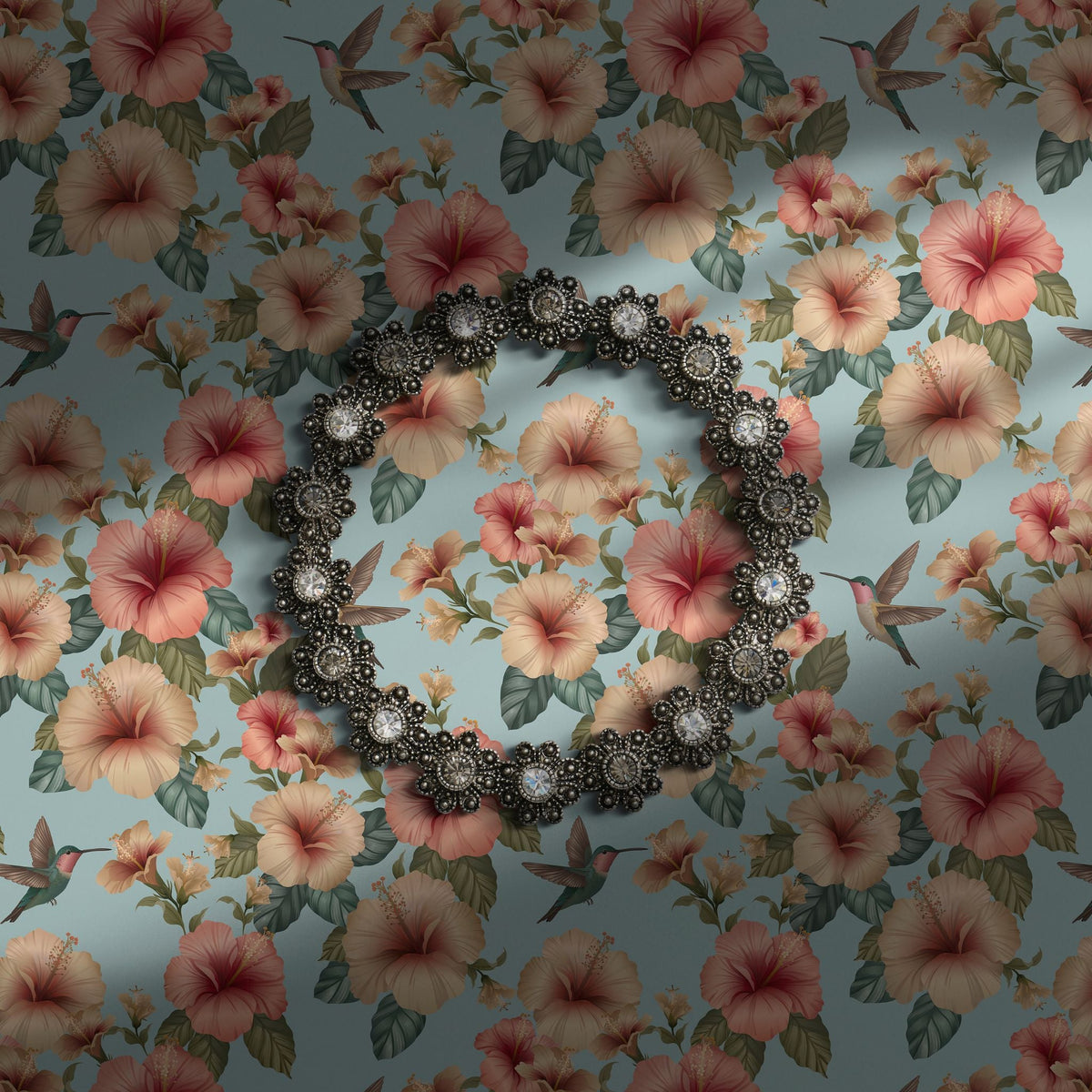 Pastel blue tropical floral wallpaper.