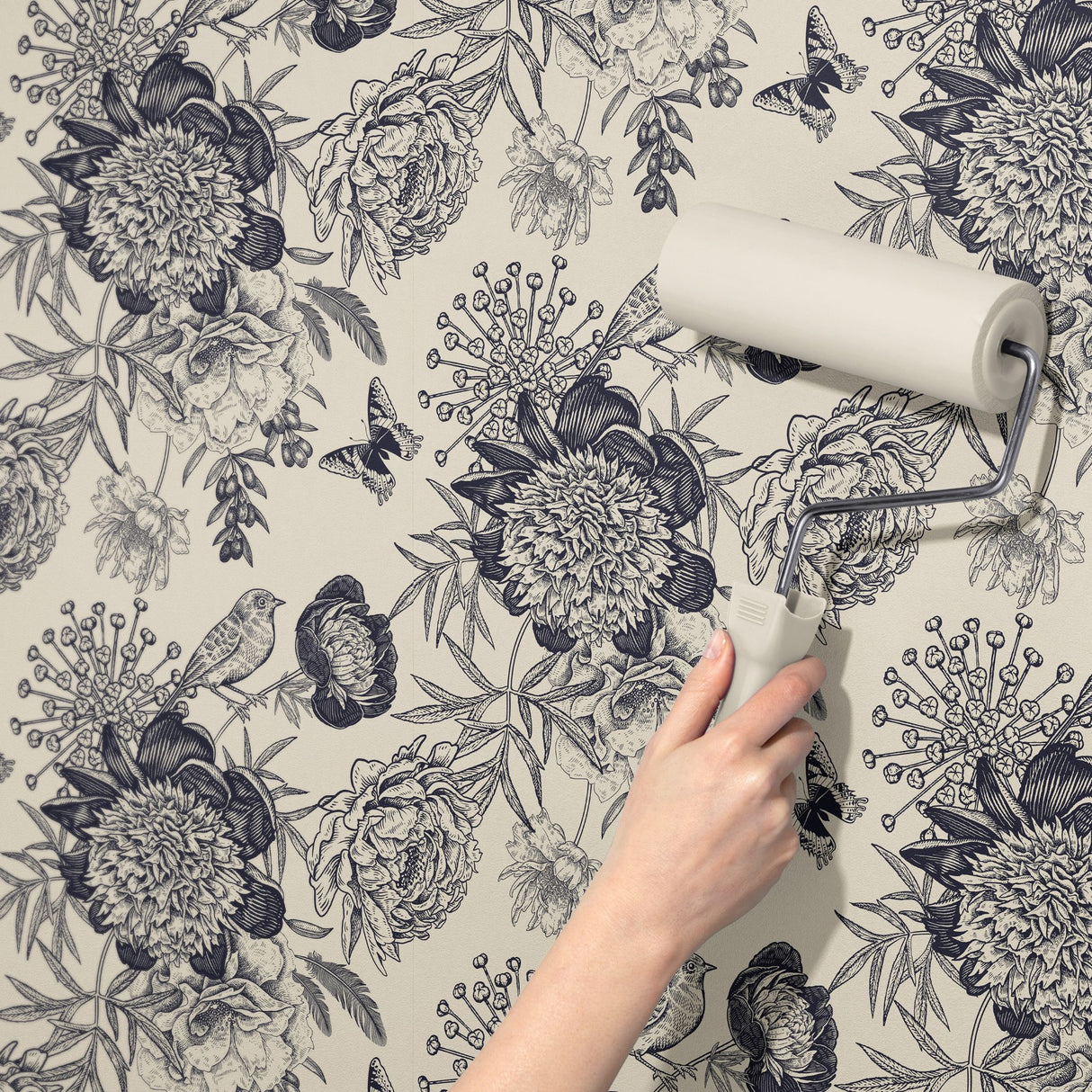 Petals & Plumage | Blue & Cream Monochrome Floral Bird Wallpaper Wallpaper Sckribbles
