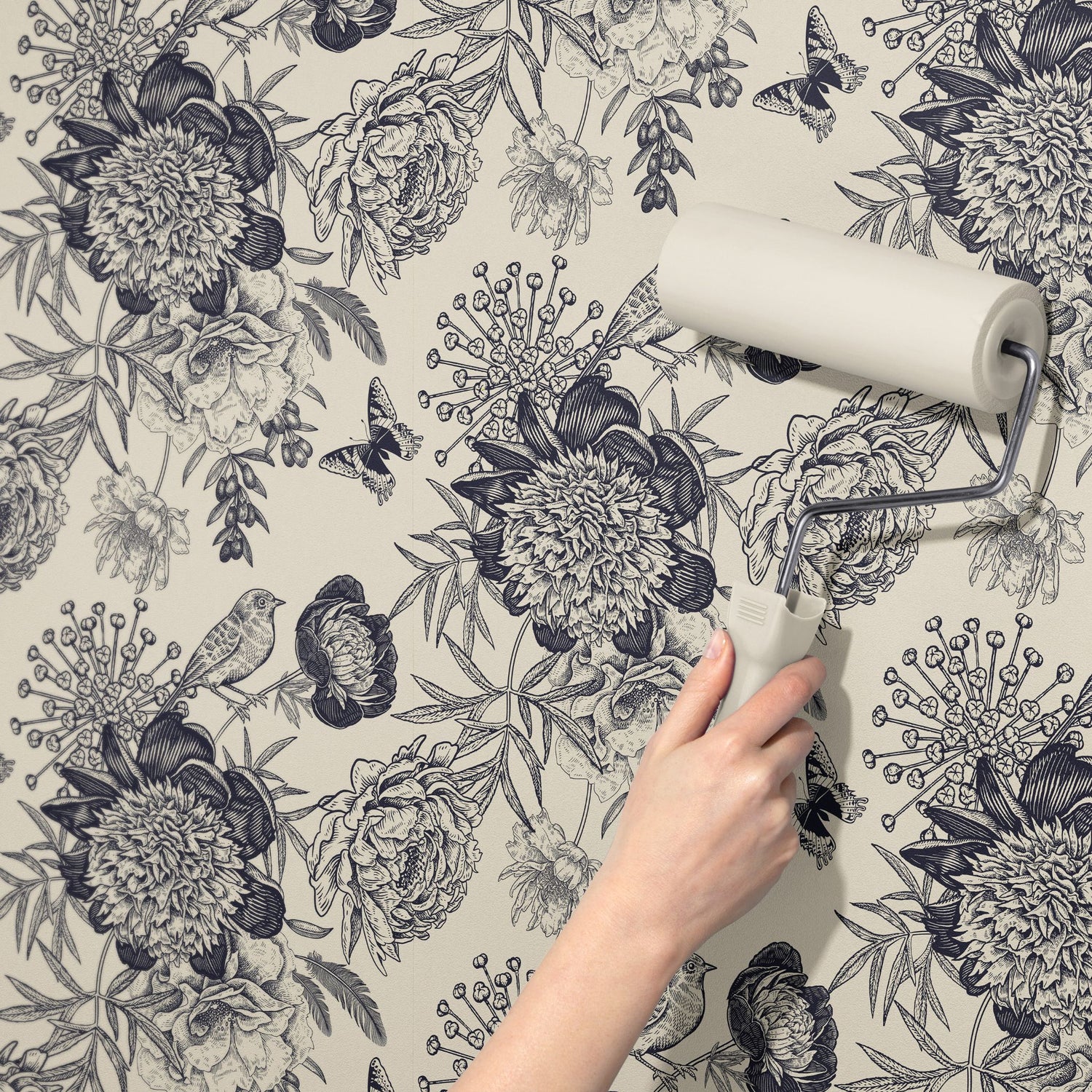 Petals & Plumage | Blue & Cream Monochrome Floral Bird Wallpaper Wallpaper Sckribbles
