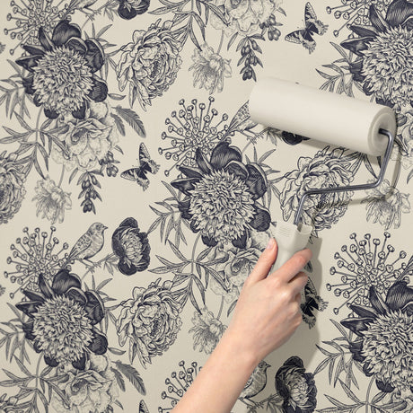 Petals & Plumage | Blue & Cream Monochrome Floral Bird Wallpaper Wallpaper Sckribbles