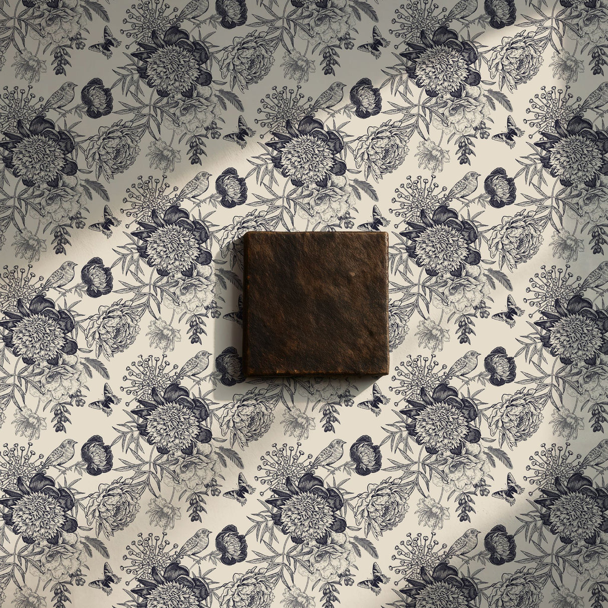 Petals & Plumage | Blue & Cream Monochrome Floral Bird Wallpaper Wallpaper Sckribbles