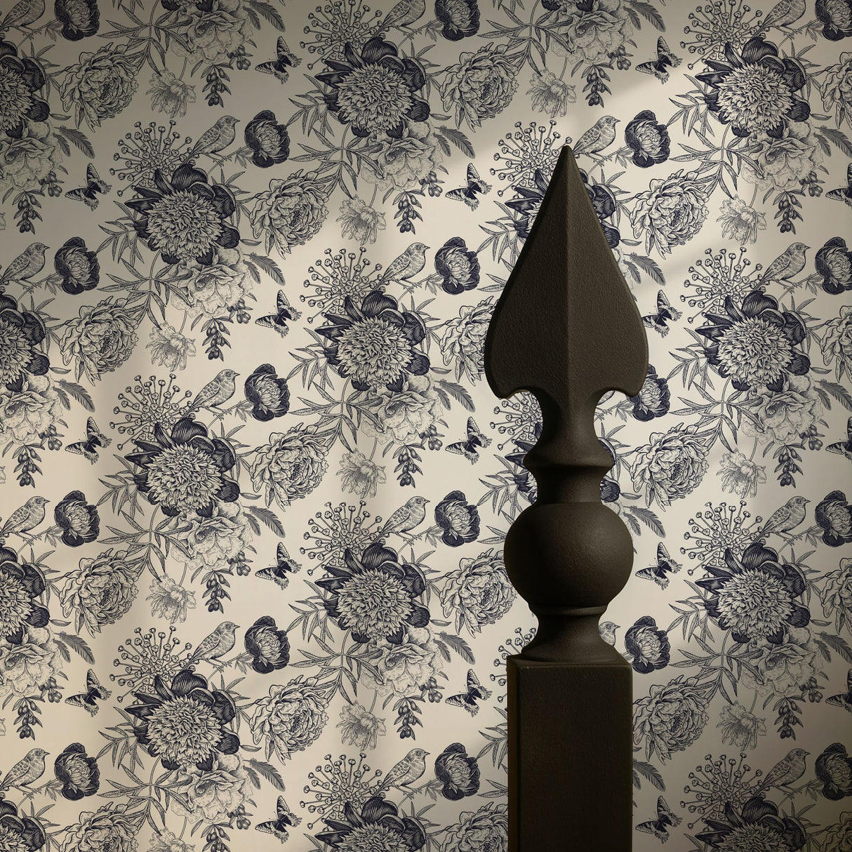 Petals & Plumage | Blue & Cream Monochrome Floral Bird Wallpaper Wallpaper Sckribbles