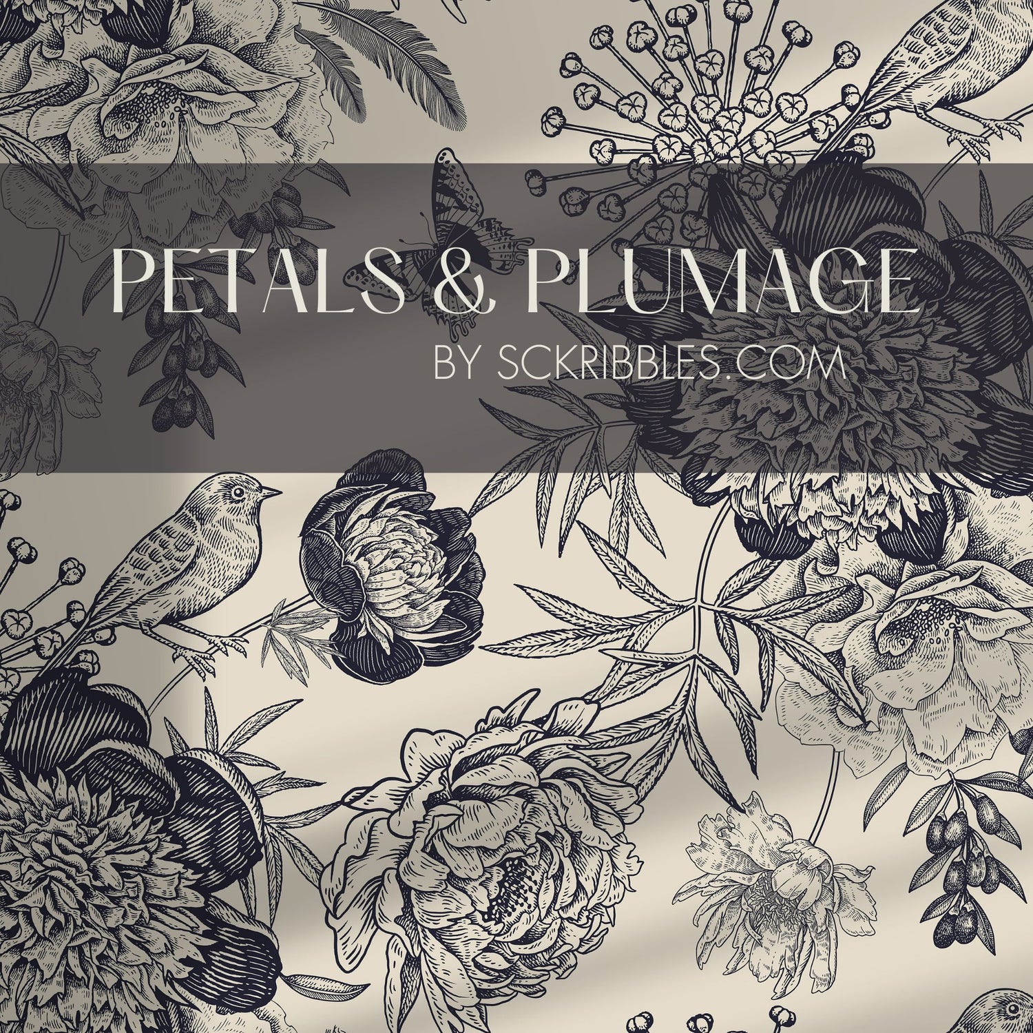 Petals & Plumage | Blue & Cream Monochrome Floral Bird Wallpaper Wallpaper Sckribbles