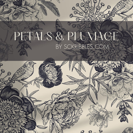 Petals & Plumage | Blue & Cream Monochrome Floral Bird Wallpaper Wallpaper Sckribbles