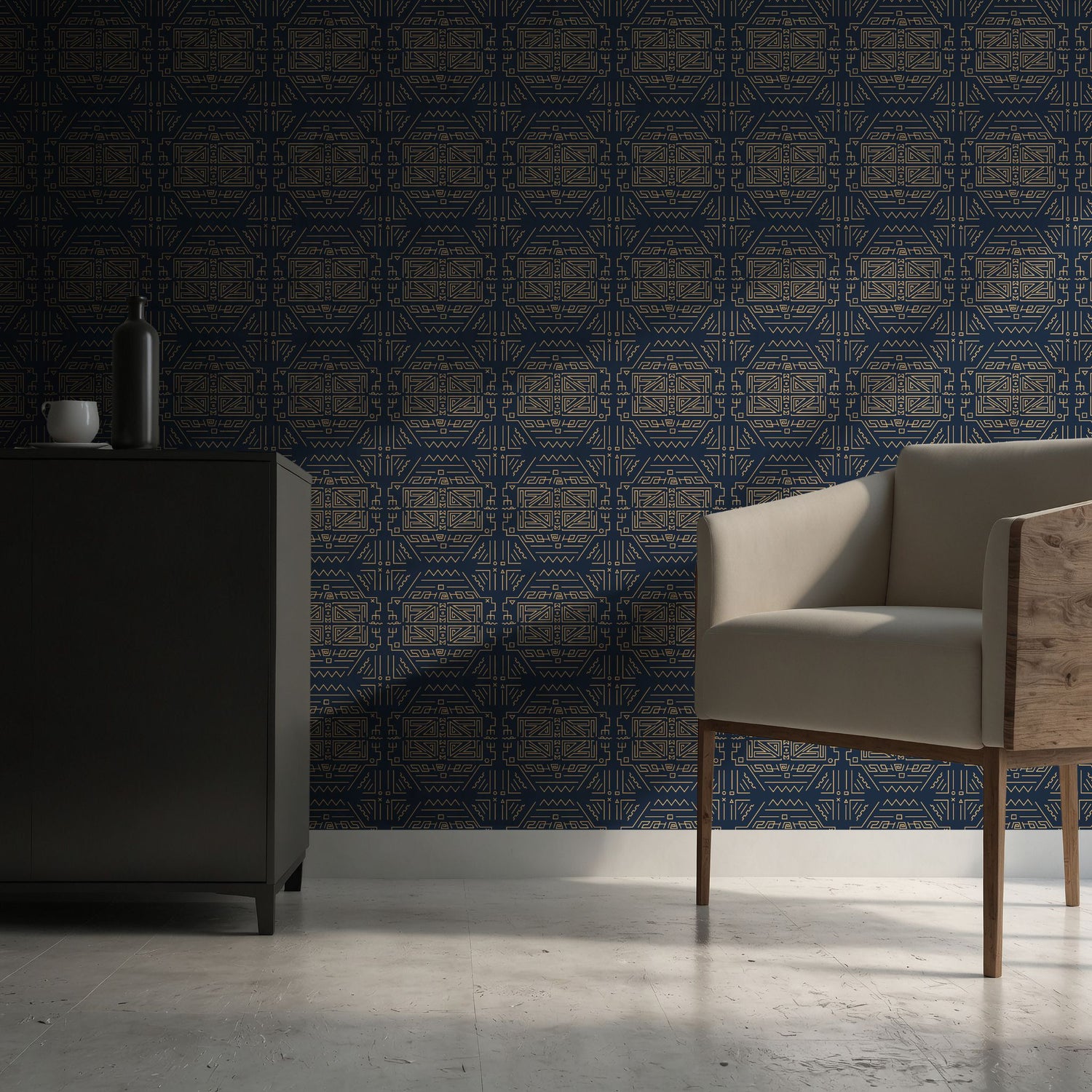 Nile Deco | Dark Blue & Yellow Graphic Art Deco Wallpaper Wallpaper Sckribbles