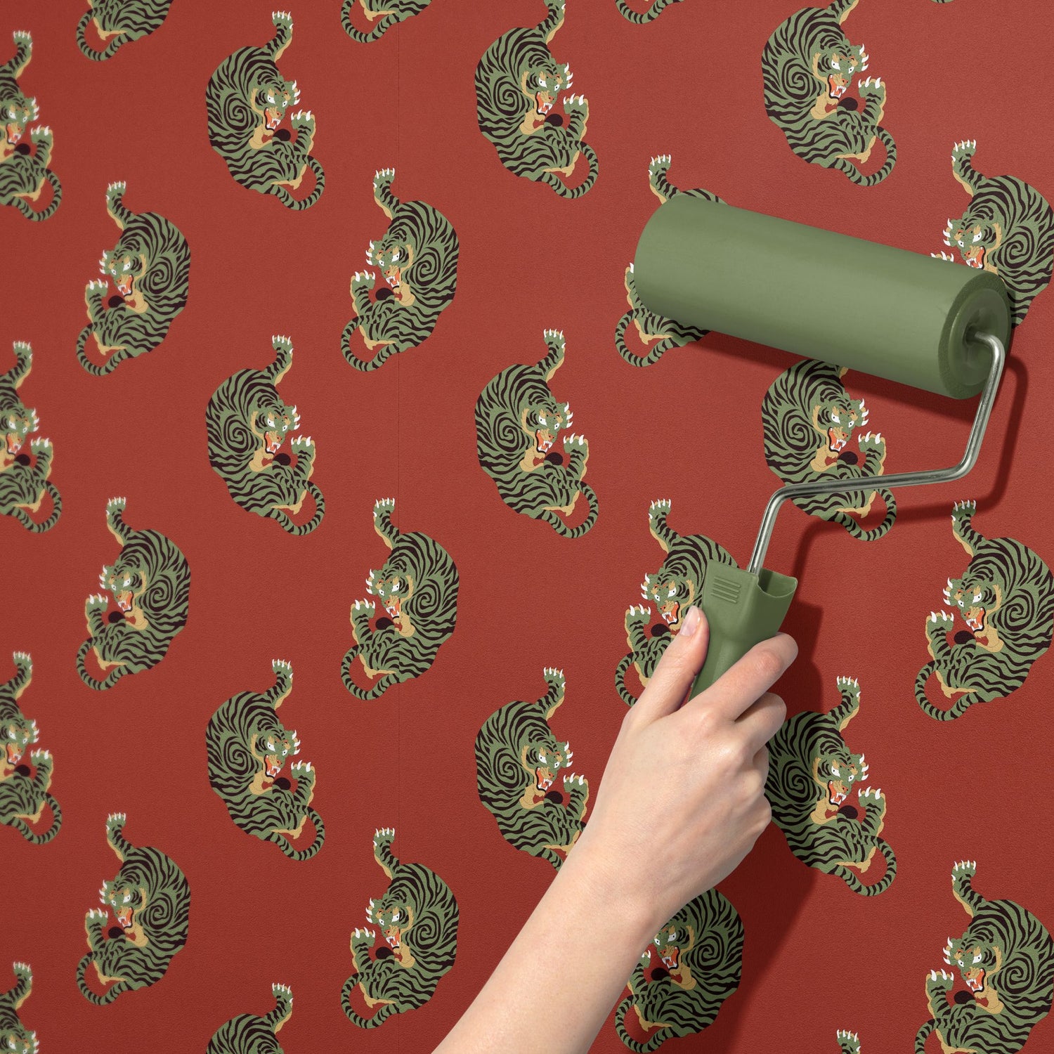 Wild Blaze | Bright Red & Green Maximalist Tiger Wallpaper Wallpaper Sckribbles