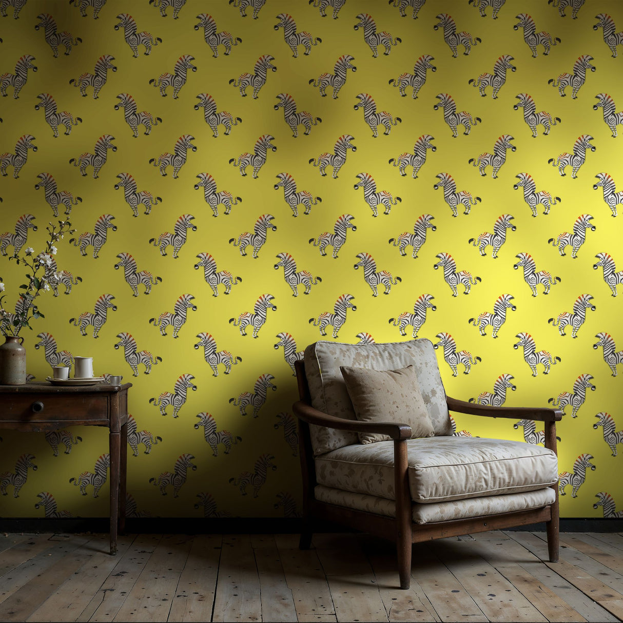 Tiny Trotters | Bold Bright Yellow Maximalist Zebra Wallpaper Wallpaper Sckribbles
