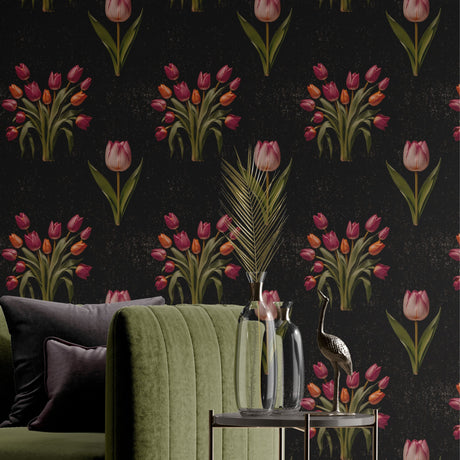Botanical Bunch | Dark Moody Tulip Floral Wallpaper Wallpaper Sckribbles