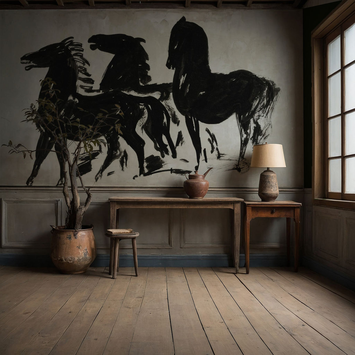 Black Horses | Bold Dramatic Black & White Wallpaper Mural Wallpaper Mural Sckribbles