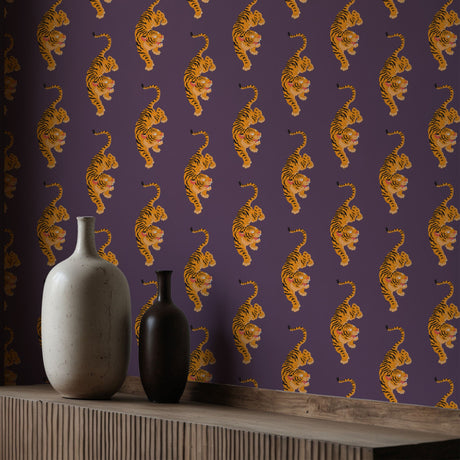 Vivid Tigress | Bold Orange & Purple Maximalist Tiger Wallpaper Wallpaper Sckribbles