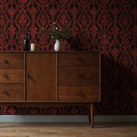Crimson Noir | Moody Red and Black Damask Wallpaper Wallpaper Sckribbles