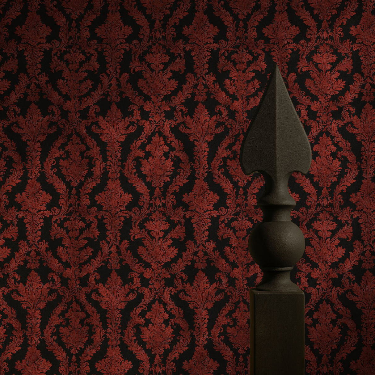 Crimson Noir | Moody Red and Black Damask Wallpaper Wallpaper Sckribbles