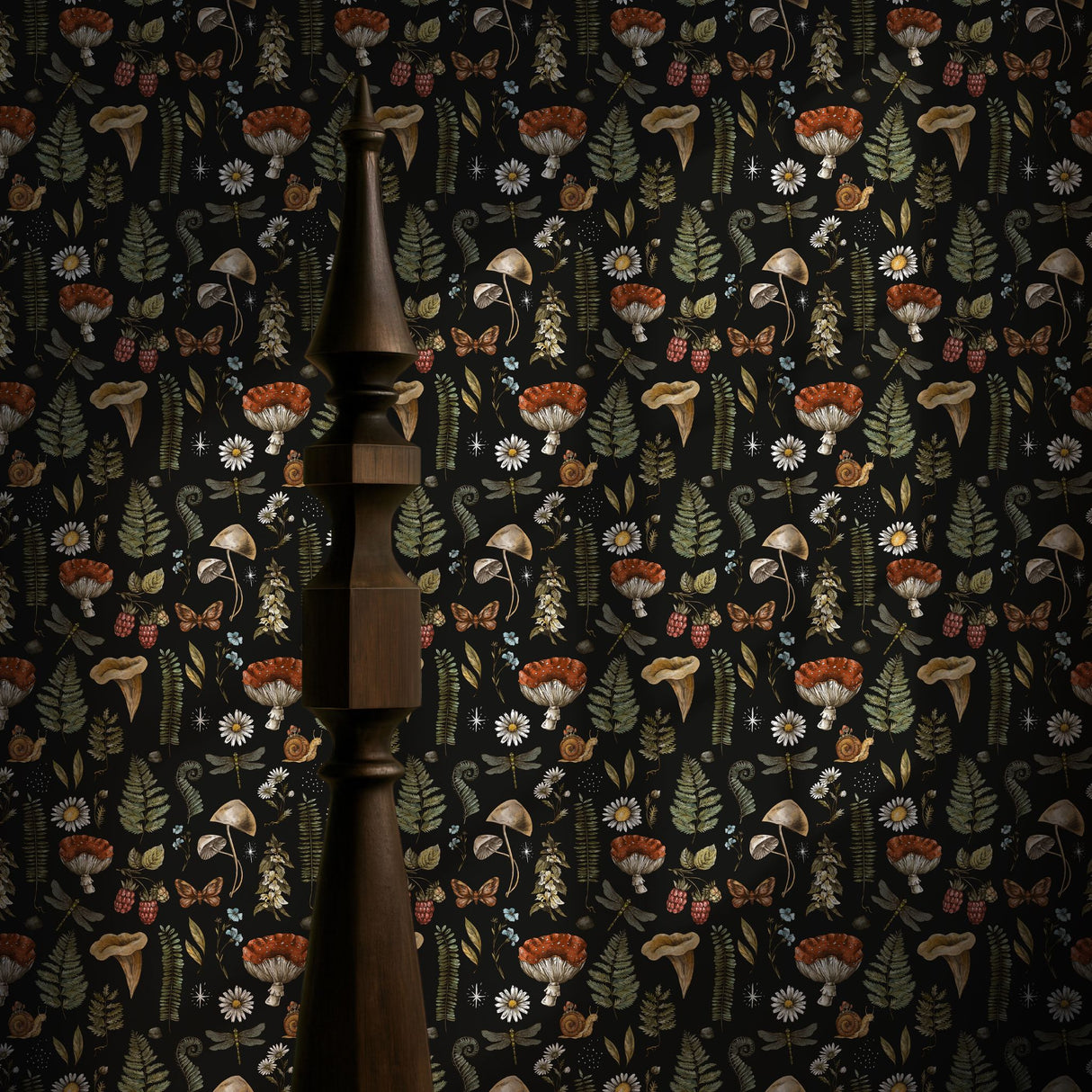 Forest Treasures | Dark Mushrooms & Ferns Botanical Forest Wallpaper Wallpaper Sckribbles