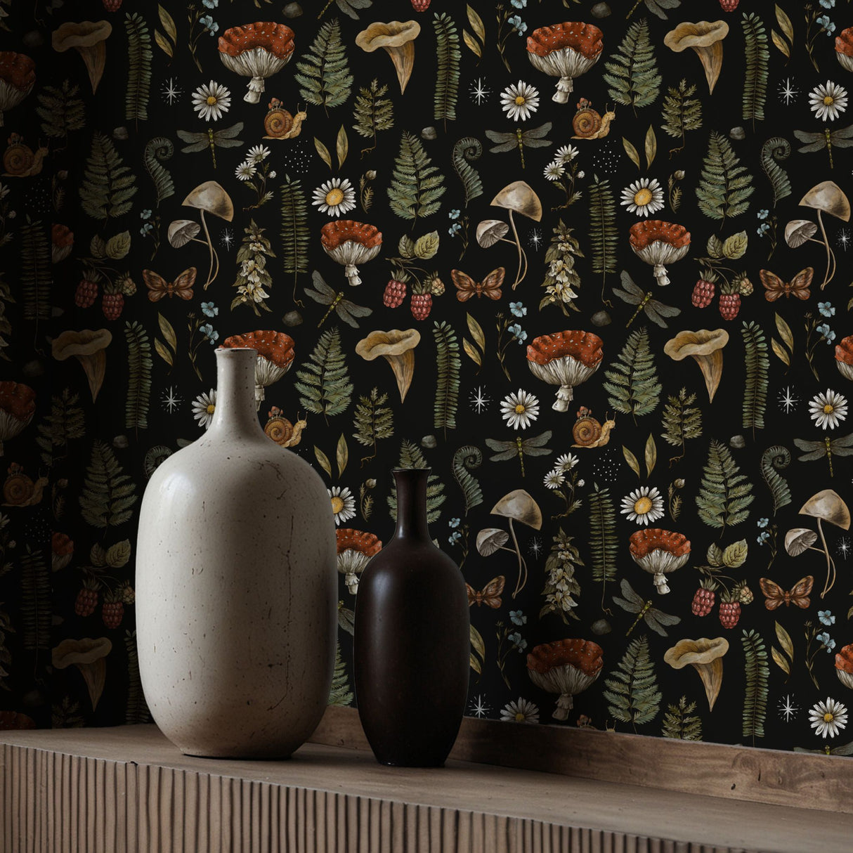 Forest Treasures | Dark Mushrooms & Ferns Botanical Forest Wallpaper Wallpaper Sckribbles