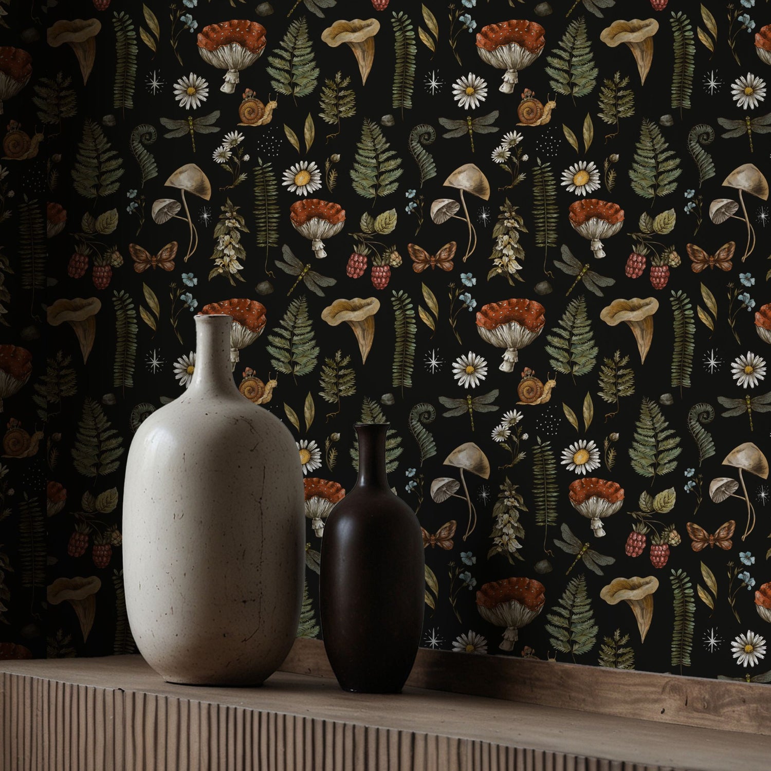 Forest Treasures | Dark Mushrooms & Ferns Botanical Forest Wallpaper Wallpaper Sckribbles