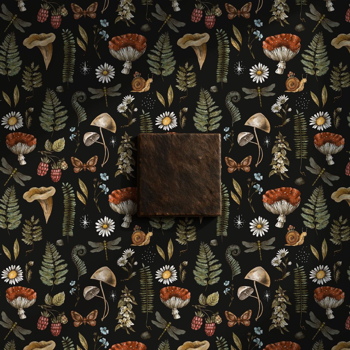 Forest Treasures | Dark Mushrooms & Ferns Botanical Forest Wallpaper Wallpaper Sckribbles