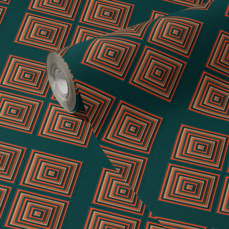 Illusory Luxe | Green & Bright Orange Geometrical Art Deco Wallpaper Wallpaper Sckribbles