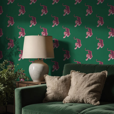 Paradise Prowl | Bright Green & Pink Maximalist Tiger Wallpaper Wallpaper Sckribbles